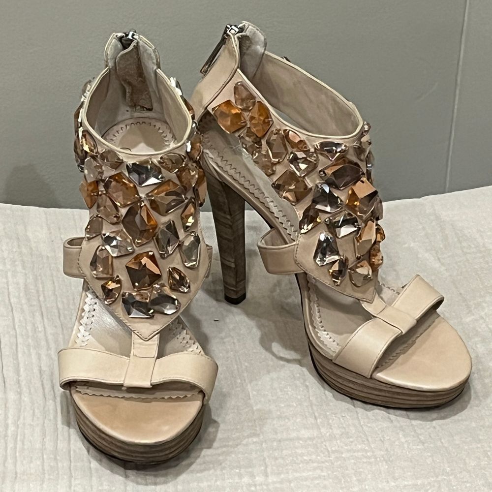 Jean-Michel Cazabat Crystal Embellished Platform Leather High Heels Nude Sz 7.5 - Picture 4 of 16